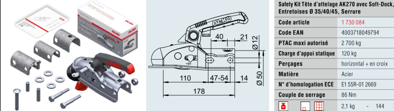 Safety kit AK 270 avec Soft Dock, entretoises diam 35/40/45, serrure - Têtes d'attelage