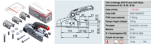Tête d'attelage AK 270 avec Soft Dock, entretoises diam 35/40/45 - Têtes d'attelage